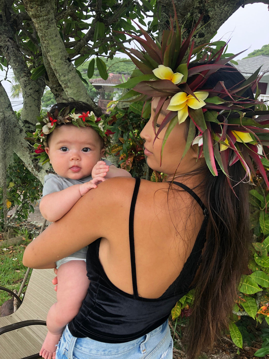 Mommy & Me Island Style Haku Lei - Fresh Flower Crown. You will receive you two flower crowns/halo/haku. Ti leaves, Mini Roses, Plumeria