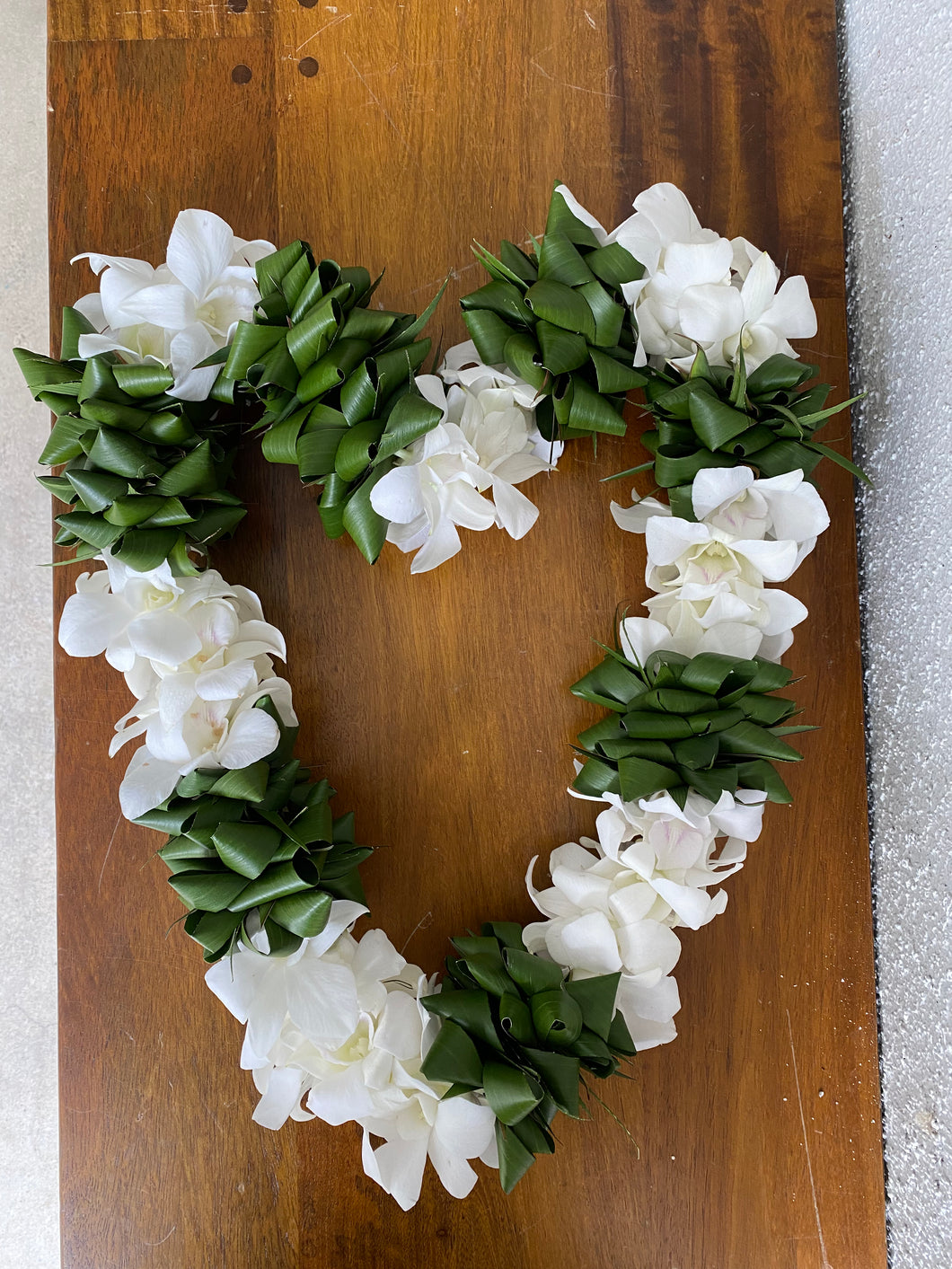 Ti Leaf Ribbon Lei with White Orchids